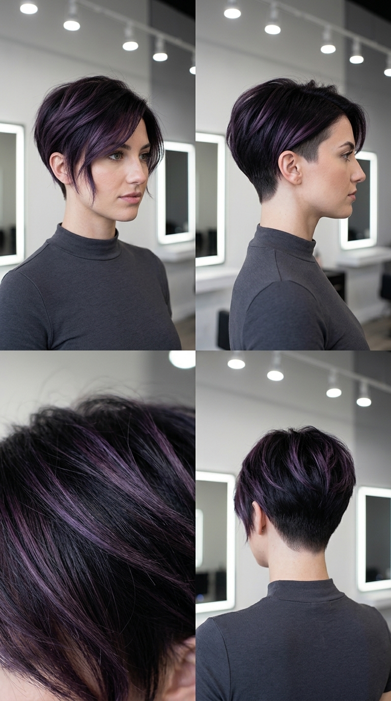 short sculpted haircut with deep violet-black and cool purple tones, sharp undercut, textured top — bold edgy artistic style