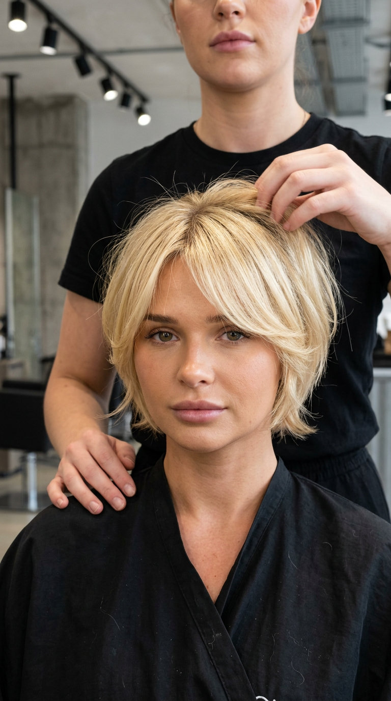 short bright golden blonde pixie haircut with graduated layers and feathered fringe for playful look