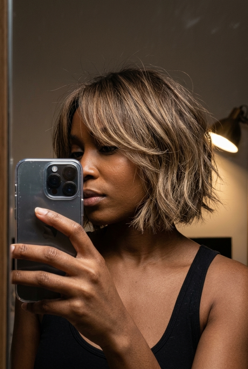 chin-length textured bob haircut in bronde with sandy balayage, choppy layers, curtain bangs for beach vacations