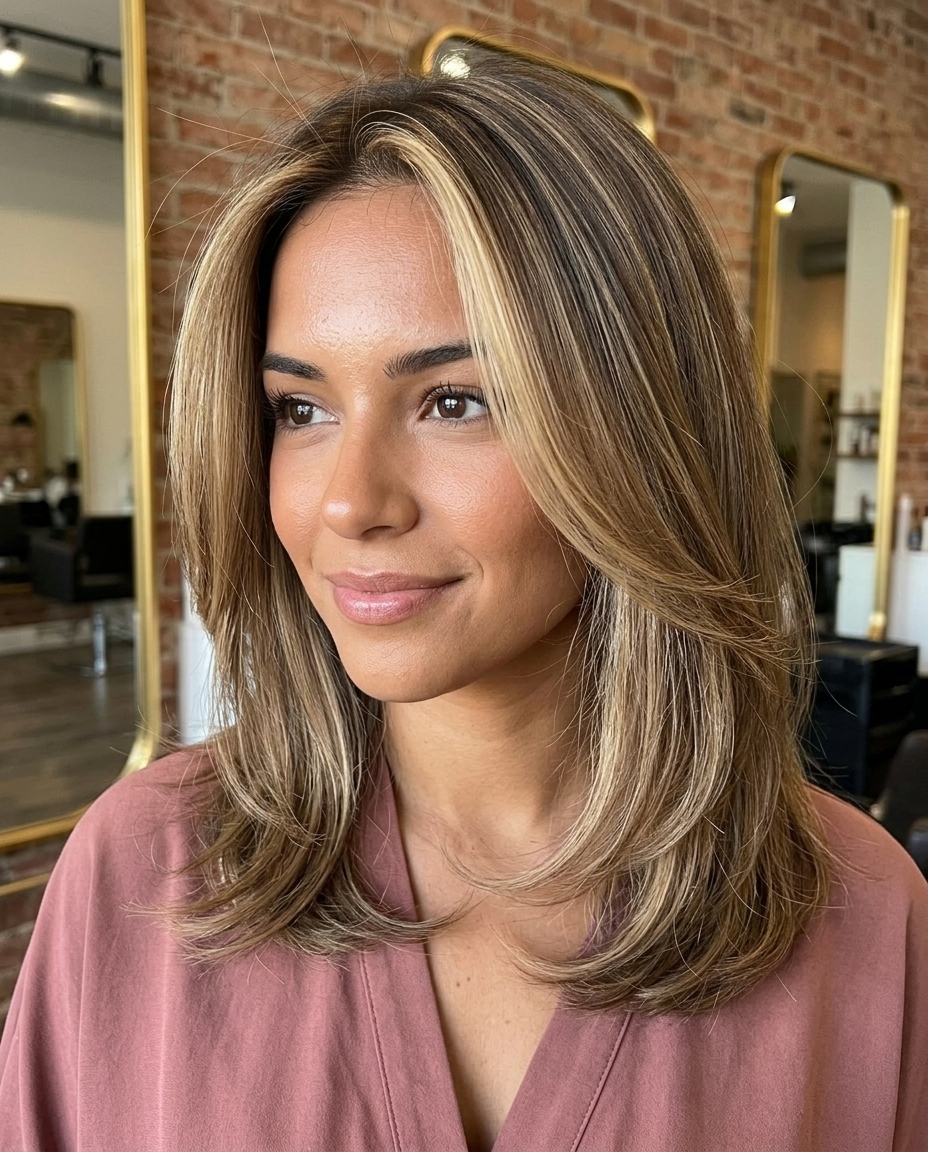 long bronde hair color with sandy caramel highlights, balayage face-frame for summer vacation