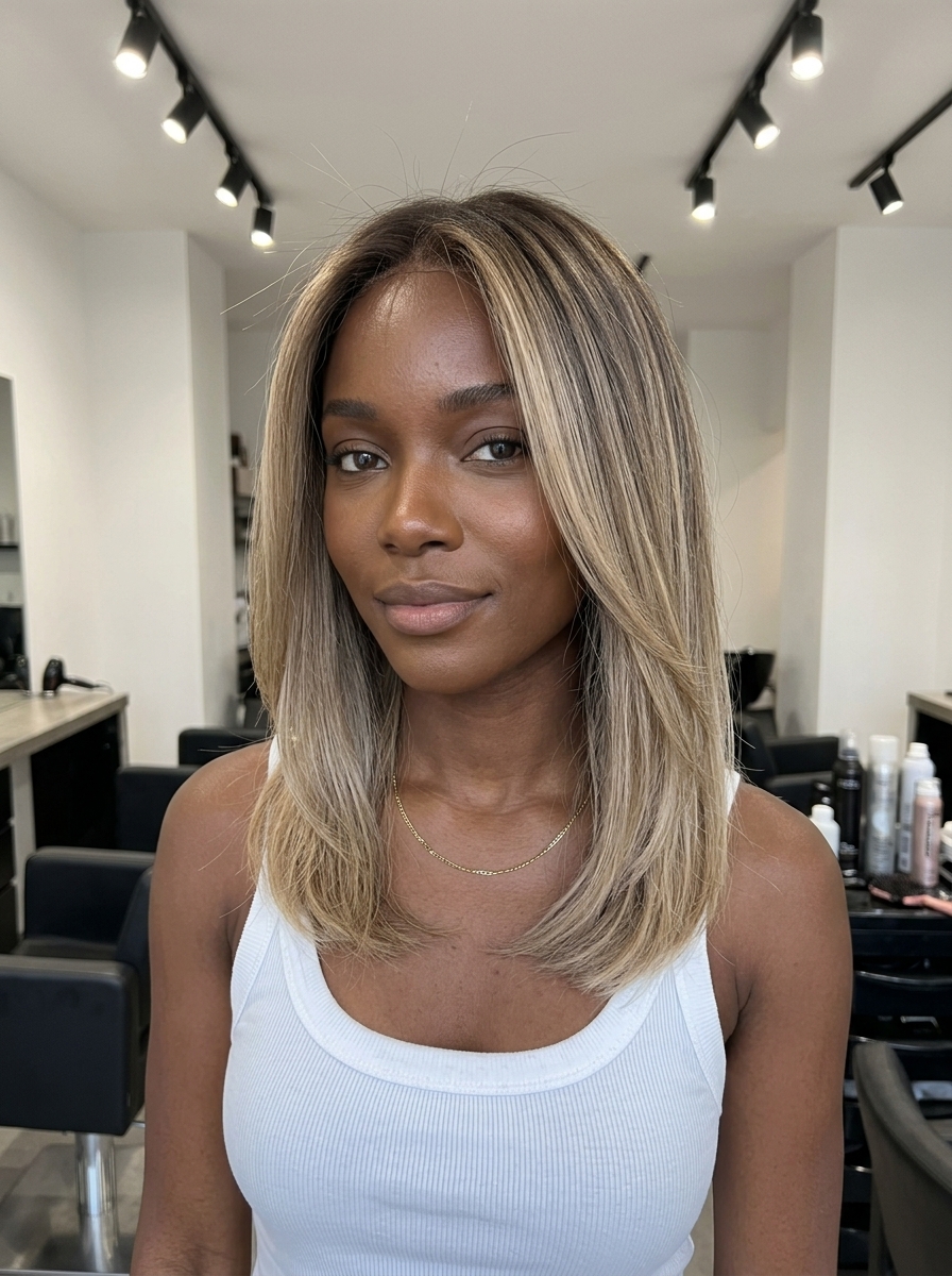 long bronde ombre with sandy beige blonde, neutral blonde root, effortless mood
