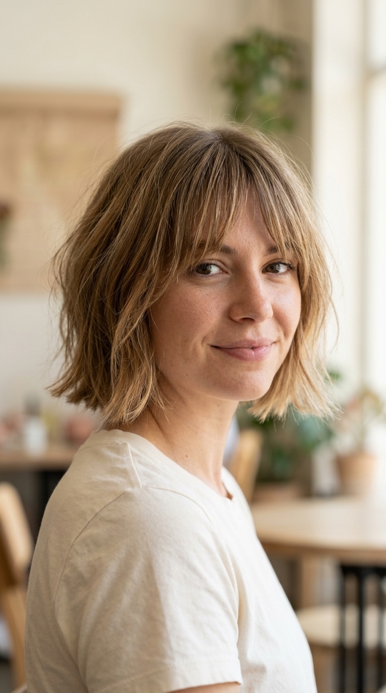 short french bob haircut in natural bronde with honey babylights, wispy bangs, soft root shadow — effortless chic summer style