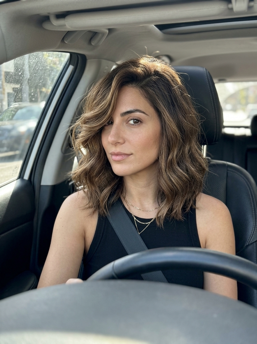 medium lob haircut in dimensional brunette with babylights, internal layers, no bangs — glamorous & sultry