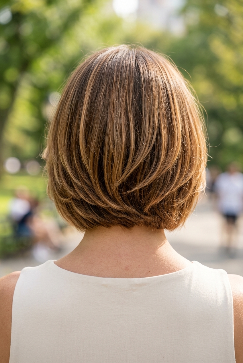 collarbone bob with caramel honey balayage and face-framing layers for brunch