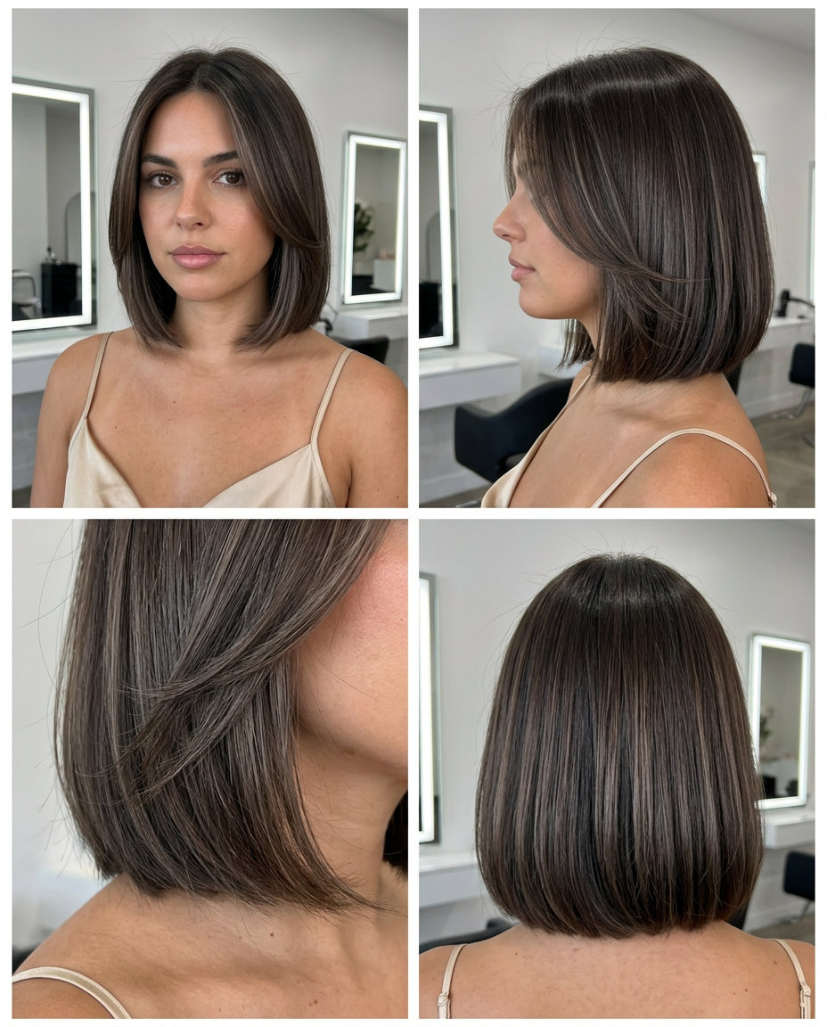 chin-length brunette bob with subtle babylights and face-framing layers for work