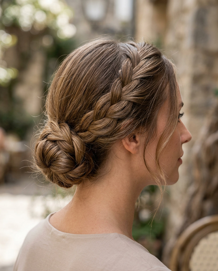 The Riviera Braided Bun: Easy Summer Hairstyle 2026 long braided bun with natural brunette & honey highlights, loose braid, face-framing tendrils — romantic summer date night