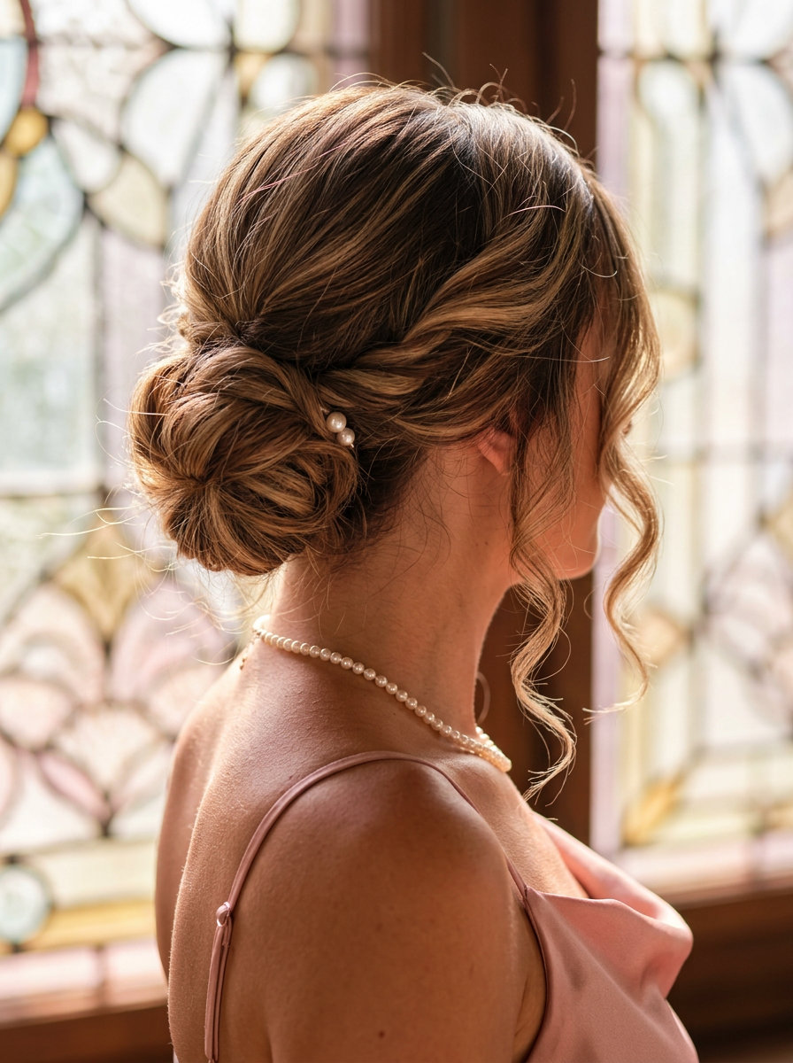 long natural brunette soft blonde highlights low messy bun with face-framing pieces for garden wedding