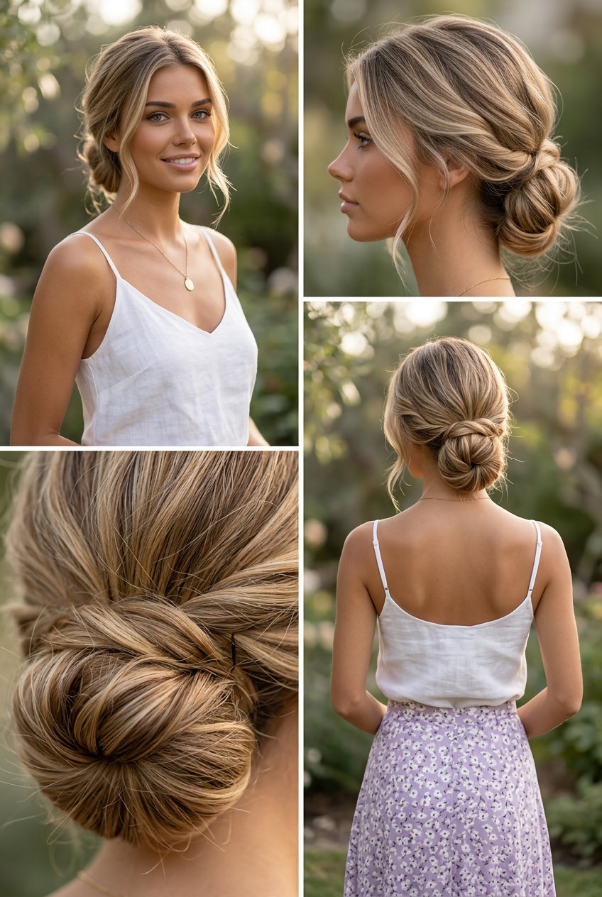 The French Girl Whisper Bun 2026 long natural brunette textured low bun with subtle balayage, loose twist, face-framing tendrils — soft romantic weekend