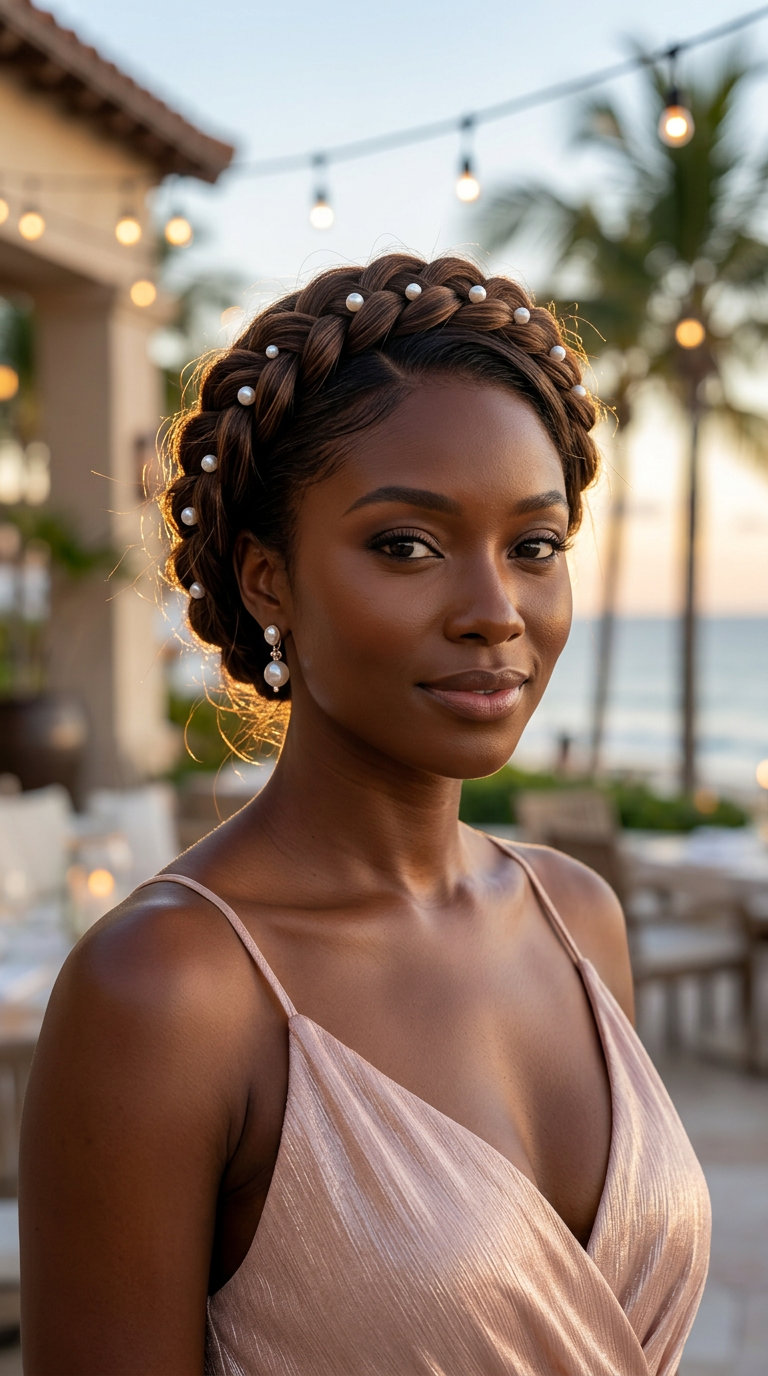 long natural crown braid with pearls in brunette with lowlights for summer