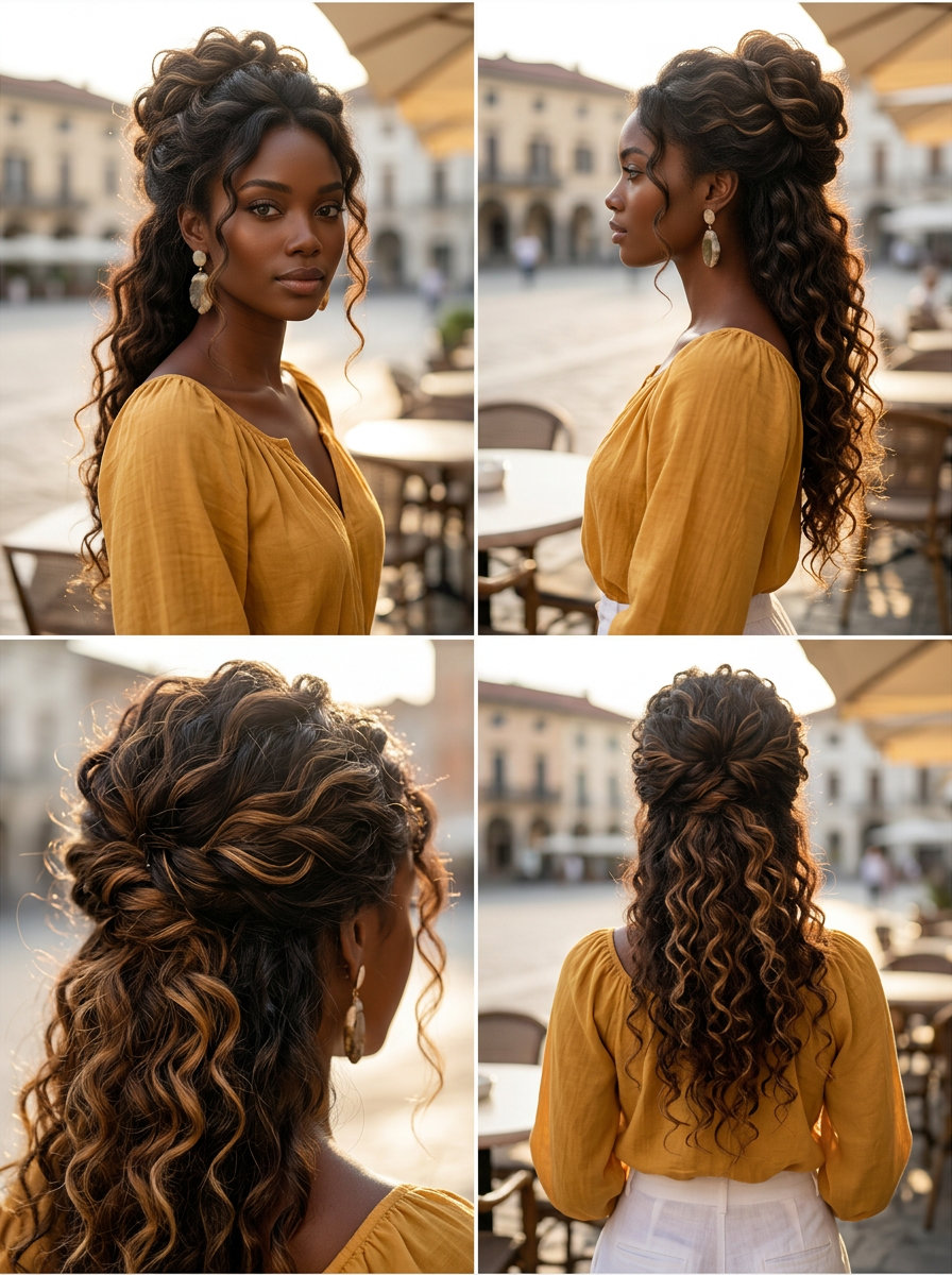 Cascading Curl Crown Updo 2026 long cascading curl crown updo with natural brunette golden highlights, pinned curls, face-framing tendrils — joyful