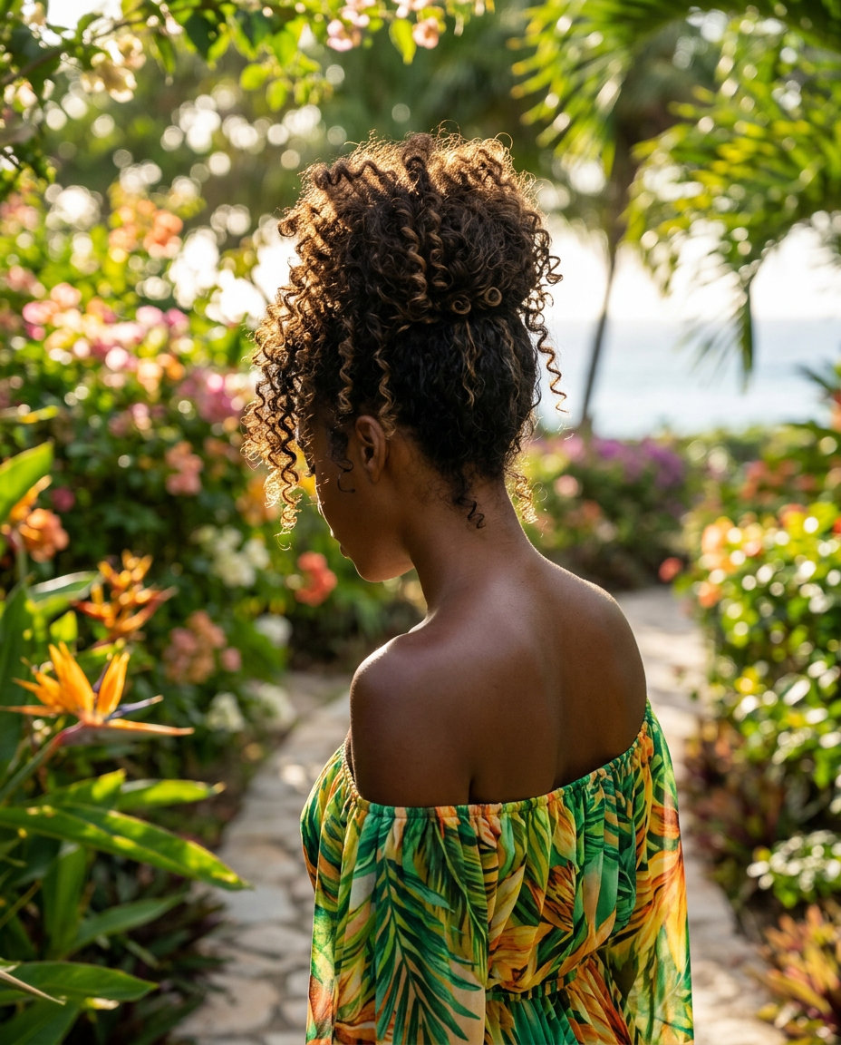 Voluminous Curly Pineapple Updo 2026 long curly pineapple updo with deep brunette & caramel pop highlights, voluminous texture for summer