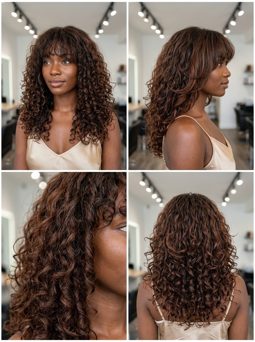Cascading Curls with Auburn Undertones 2026 long layered haircut with rich brunette, auburn undertones, and eyebrow-skimming fringe for summer 2026