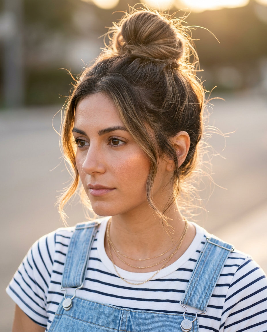 Effortless Summer Knot 2026 long multi-tonal brunette messy loop bun with face-framing wisps, textured volume — playful casual undone