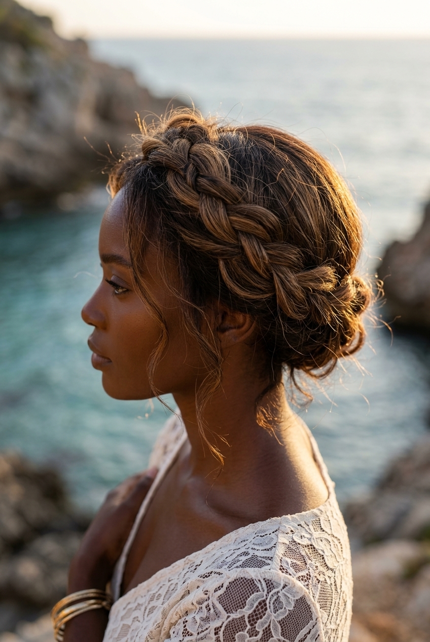 Ethereal Twisted Crown: Romantic Beach Updo long natural brunette twisted crown with sun-kissed balayage for romantic boho chic
