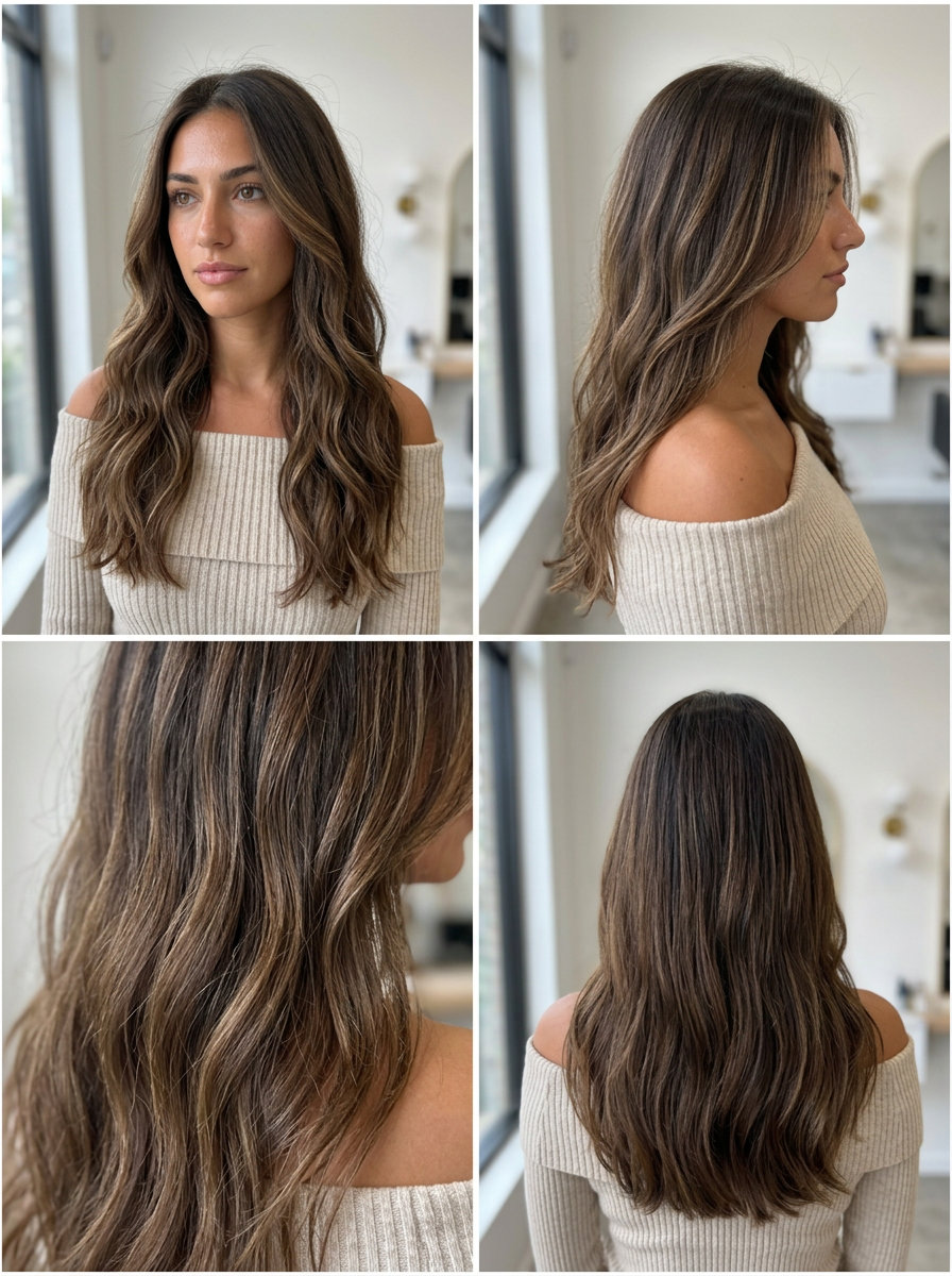 long wavy haircuts with natural brunette, air-light balayage — Playful, undone, natural