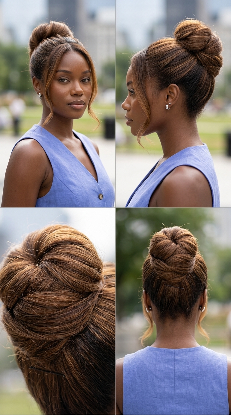 natural brunette mid-height bun with soft sculptural twists and subtle dimension