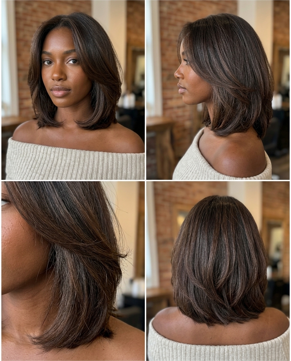 short razor bob haircut in natural deep brunette with warm chocolate undertones, razored layers for curls, no bangs — natural effortless