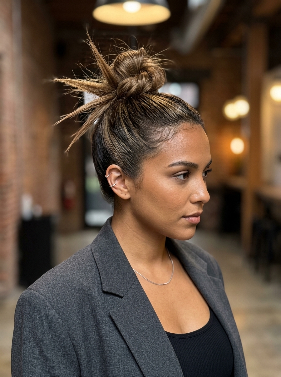 natural brunette top knot with spiky ends and textured volume