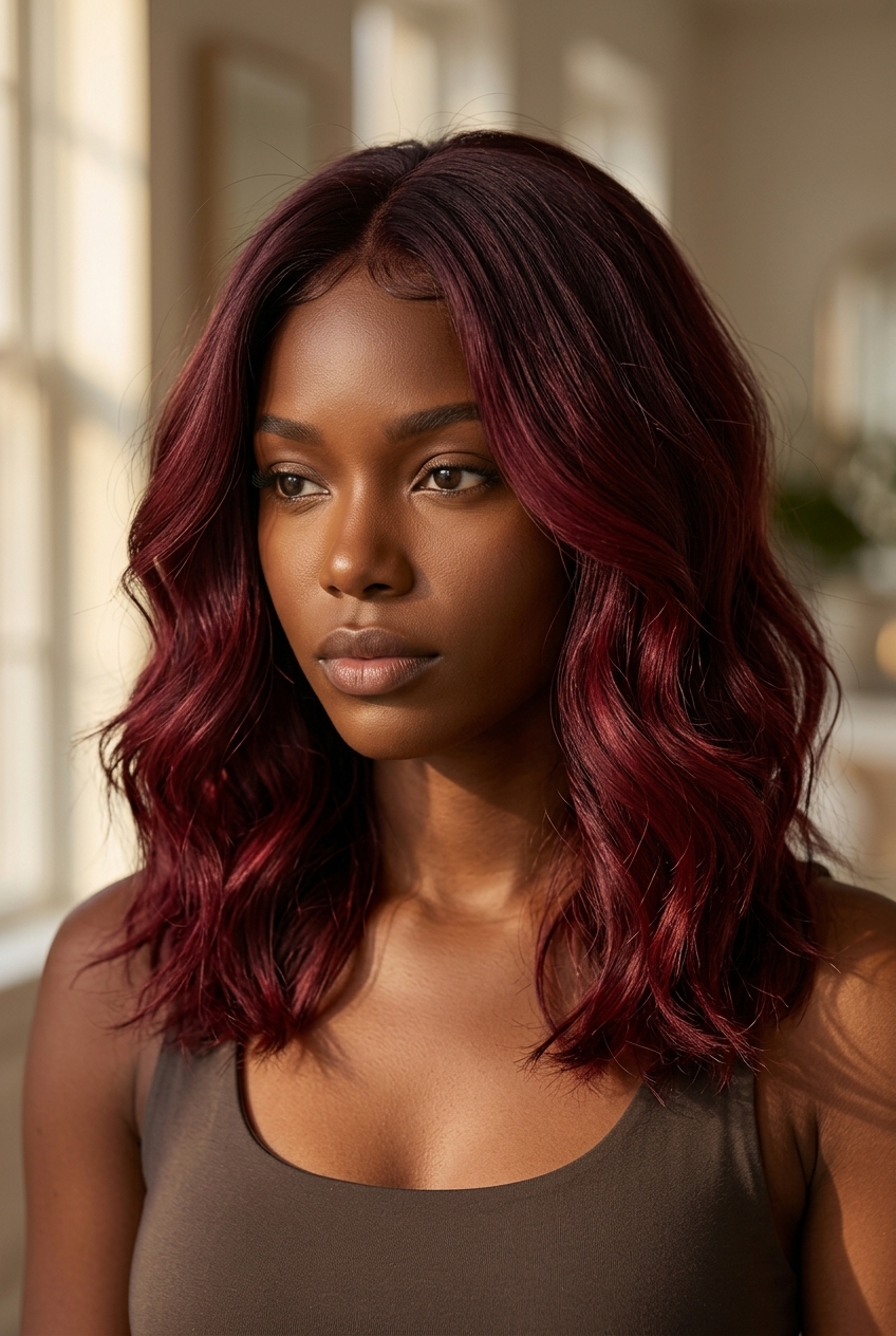long velvet burgundy color melt with rich wine ends, seamless blend, no fringe — luxurious