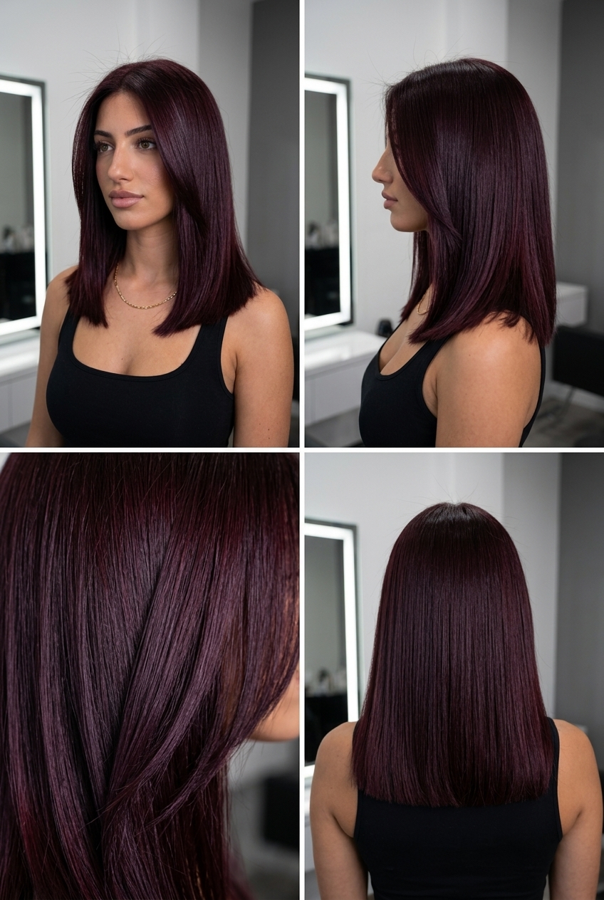 long burgundy hair color with plum undertones and high shine for evening events