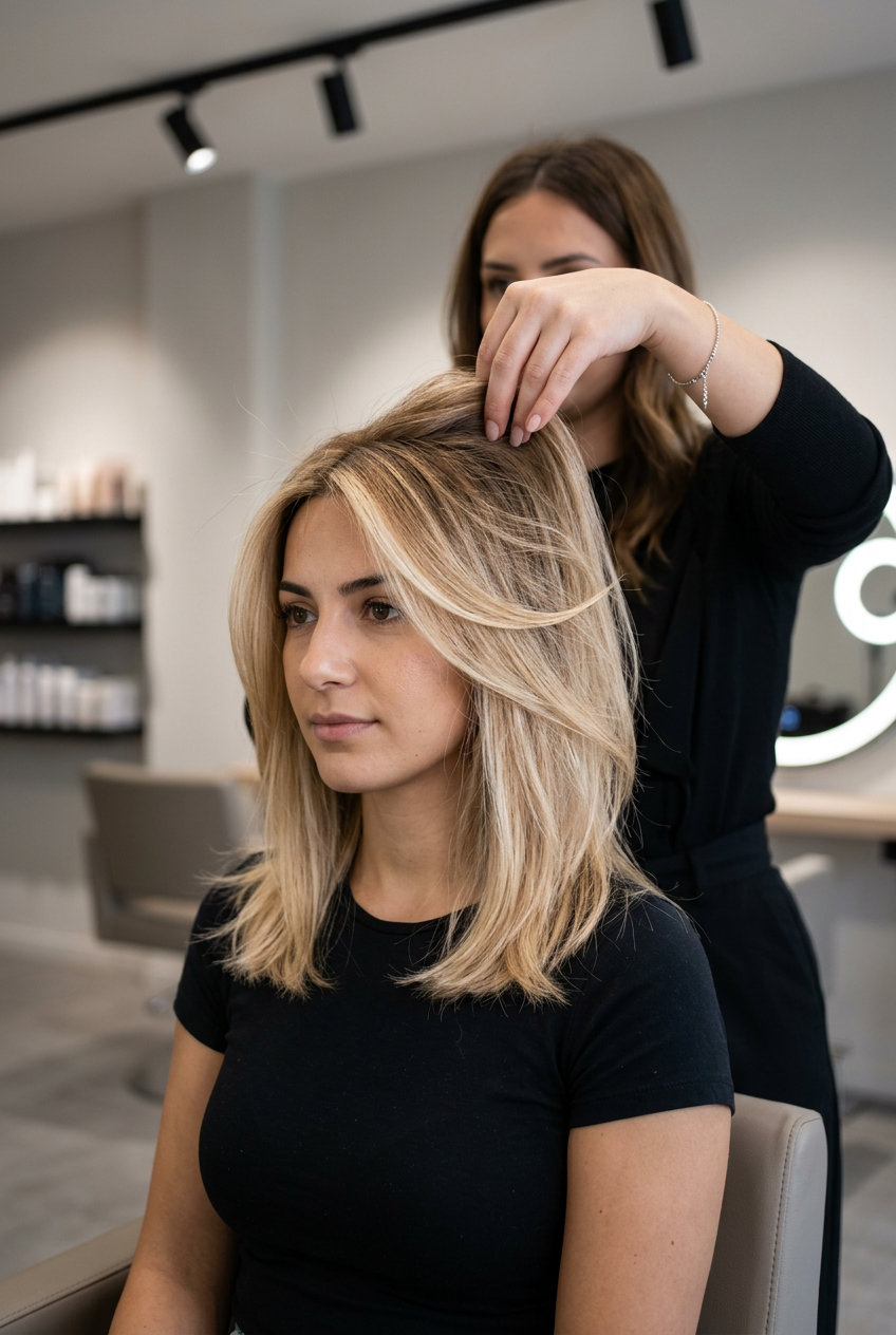long layered butter blonde balayage with air touch technique