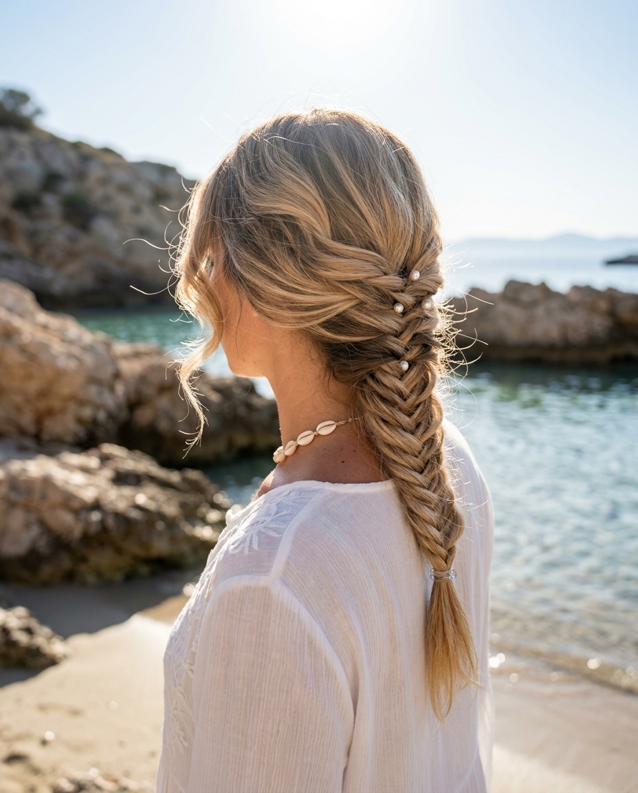 Boho Fishtail Braid: Romantic Summer 2026 long butter blonde boho fishtail braid with undone texture for beach vacation summer 2026
