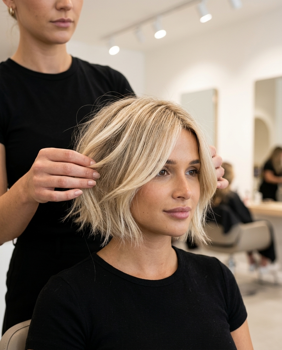 short razor bob haircut in creamy butter blonde with vanilla highlights, piecey texture, face-framing pieces — soft playful