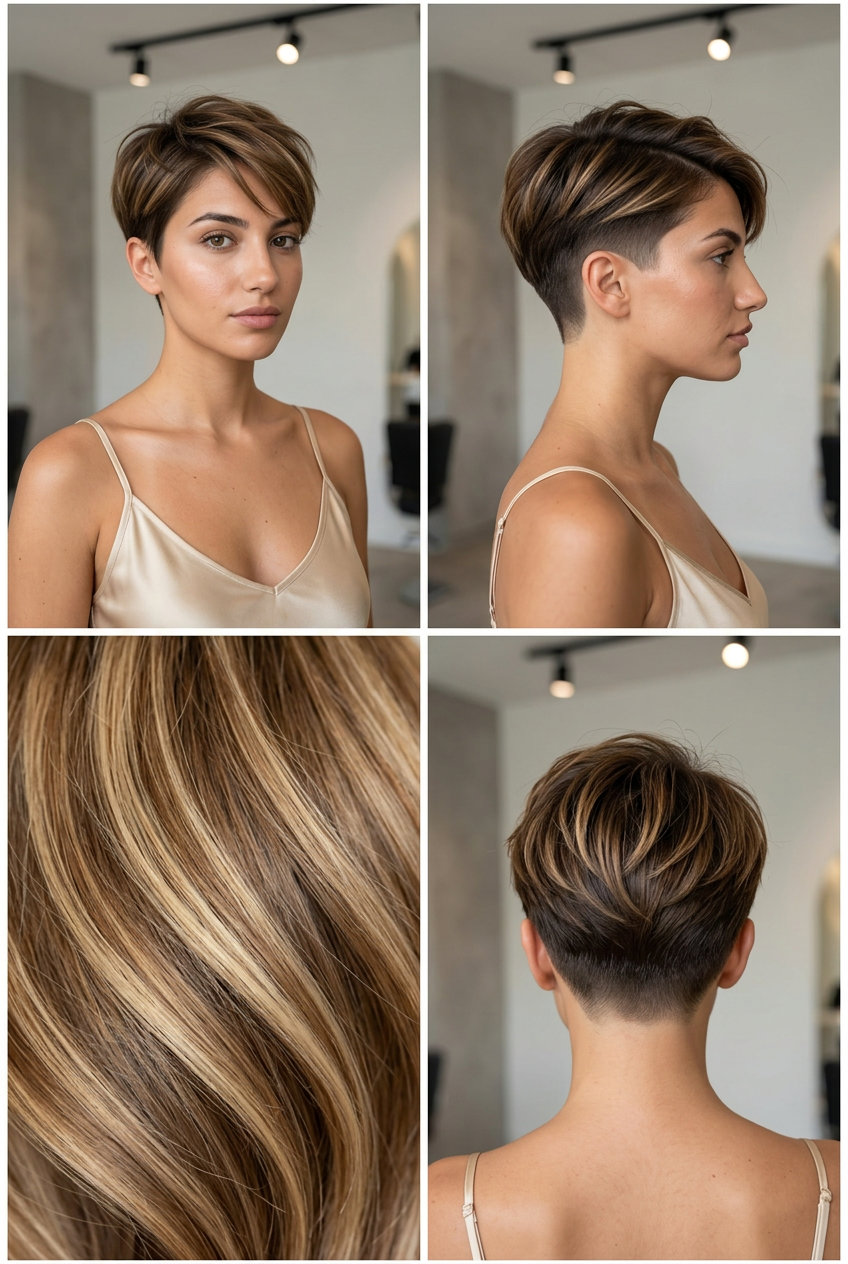 short pixie haircut in butter toffee brown with golden babylights and textured top for summer 2026