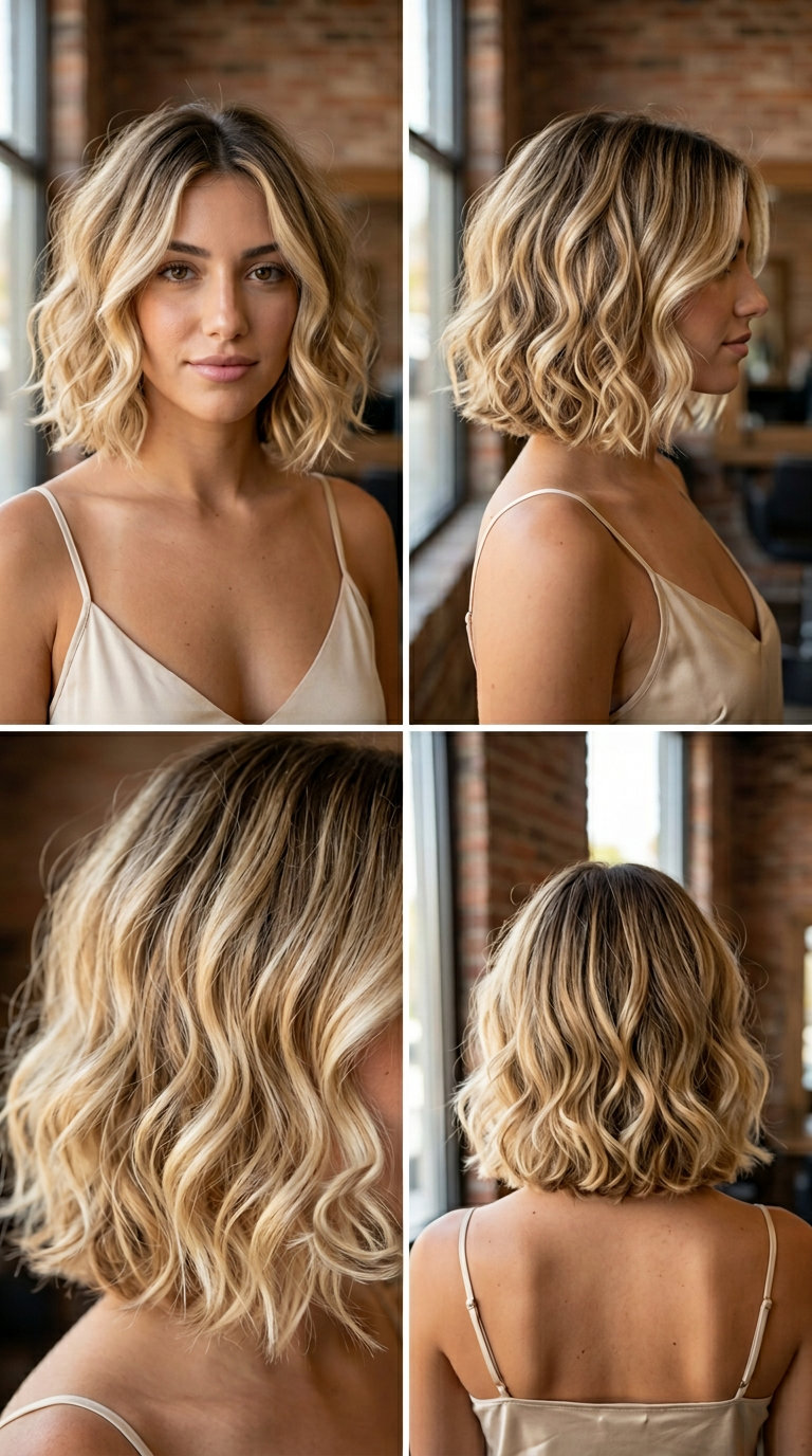 chin-length curly bob with buttercream blonde & honey highlights, dark vanilla root shadow for chic brunch