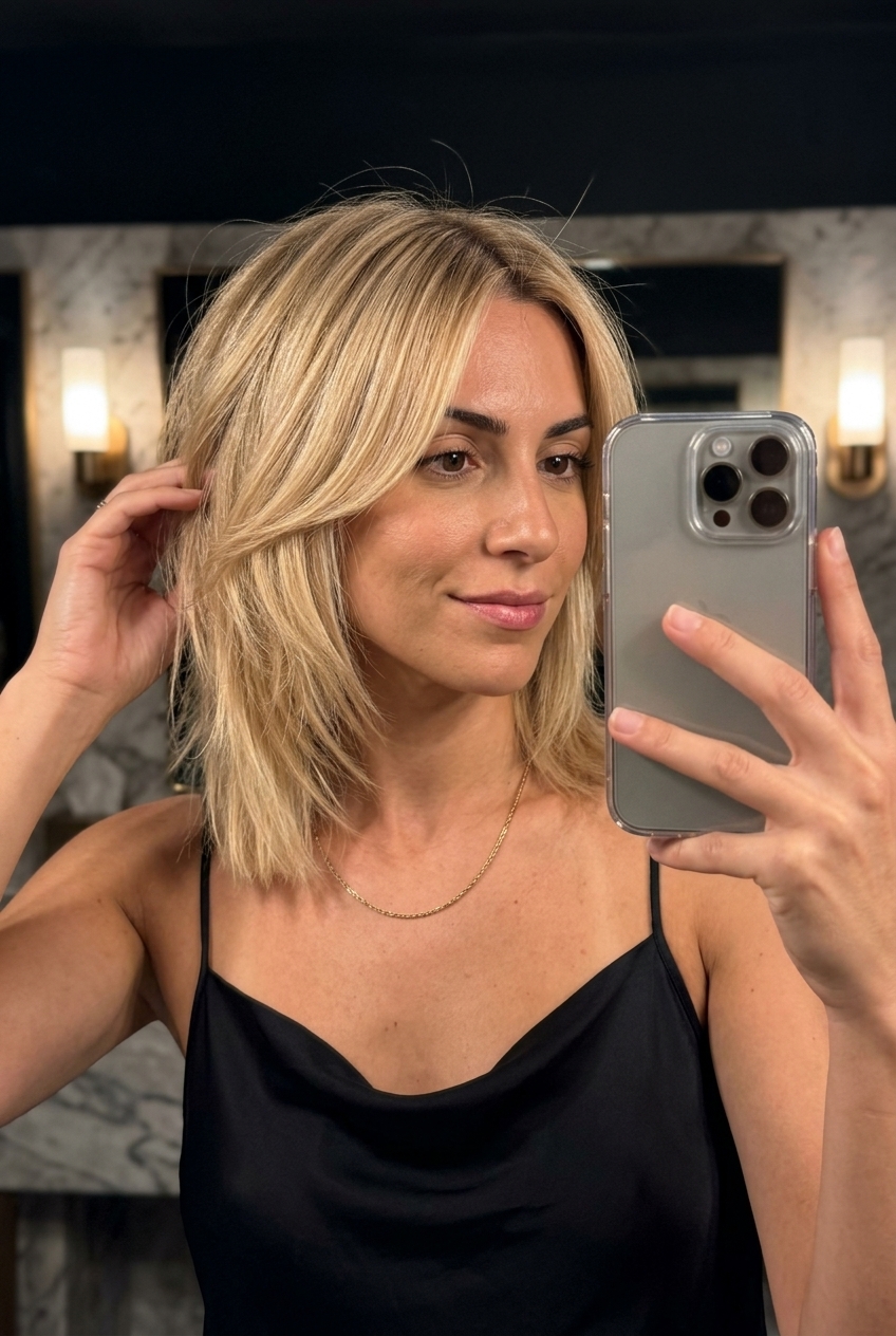buttercream blonde jellyfish shag haircut with honey lowlights and blunt perimeter for summer