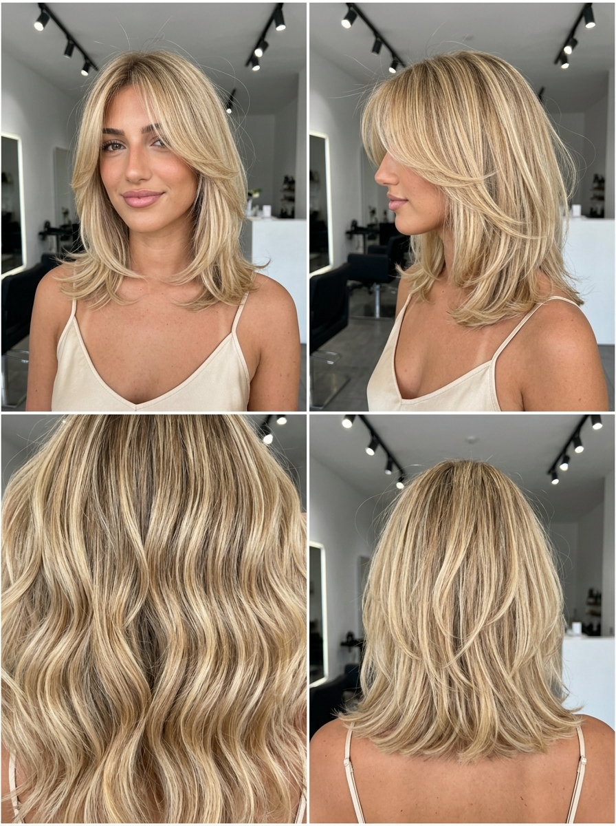 collarbone-grazing textured bob haircut in buttercream blonde with honey babylights, curtain fringe, butterfly layers for date night