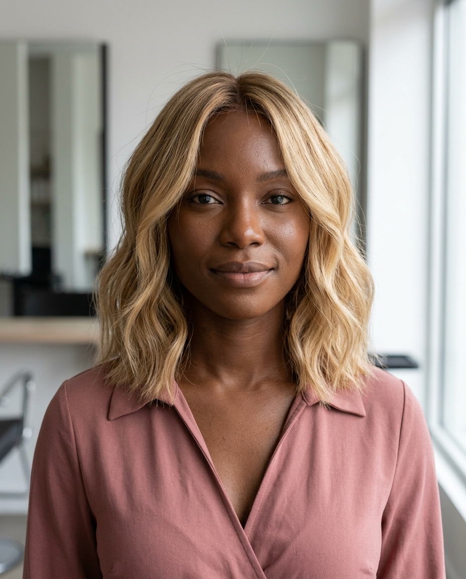 collarbone-length wavy haircut in buttercream blonde with honey lowlights, face-framing pieces, no fringe — romantic