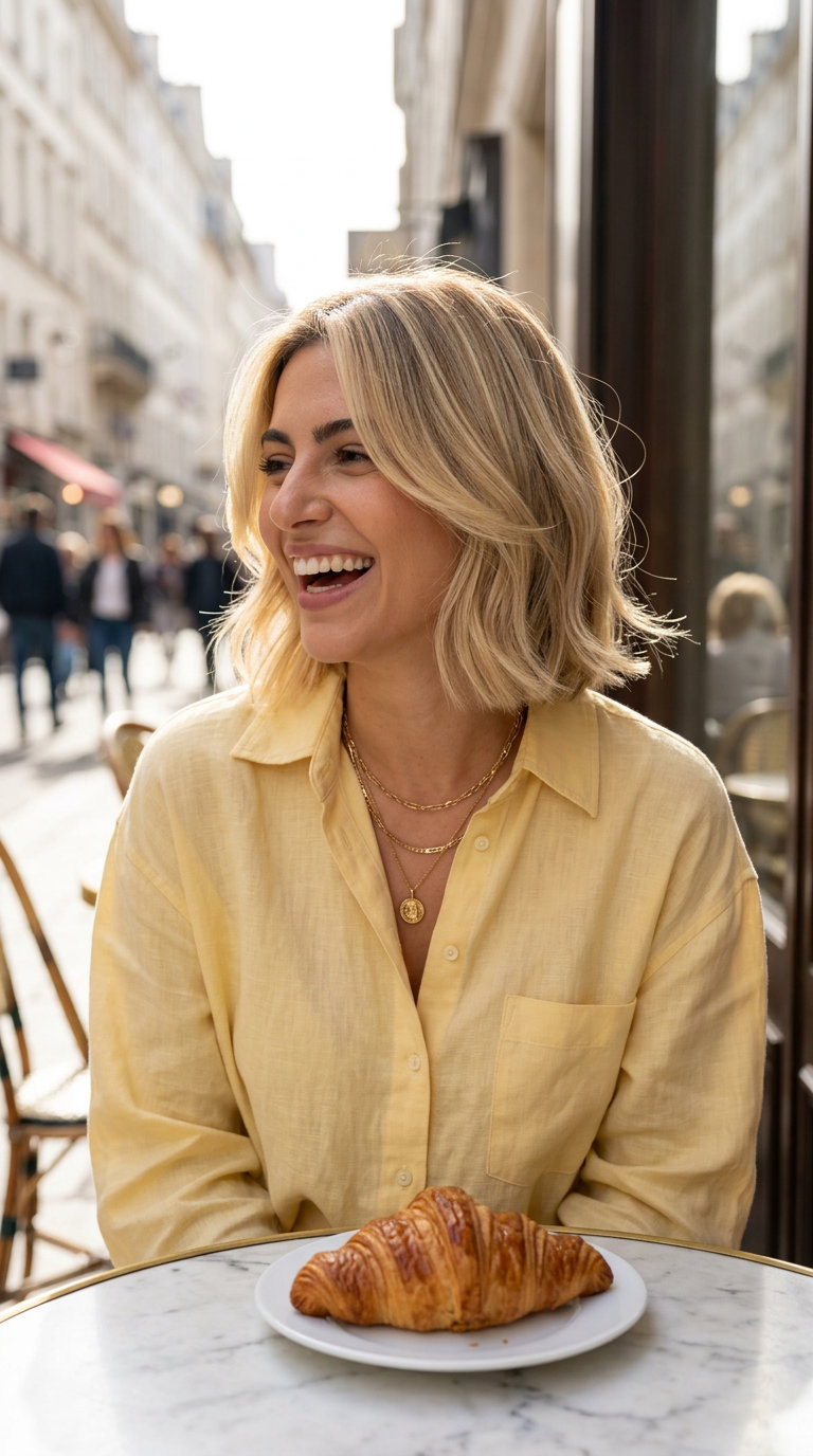 jaw-skimming layered bob with buttercream blonde and vanilla root shadow for summer