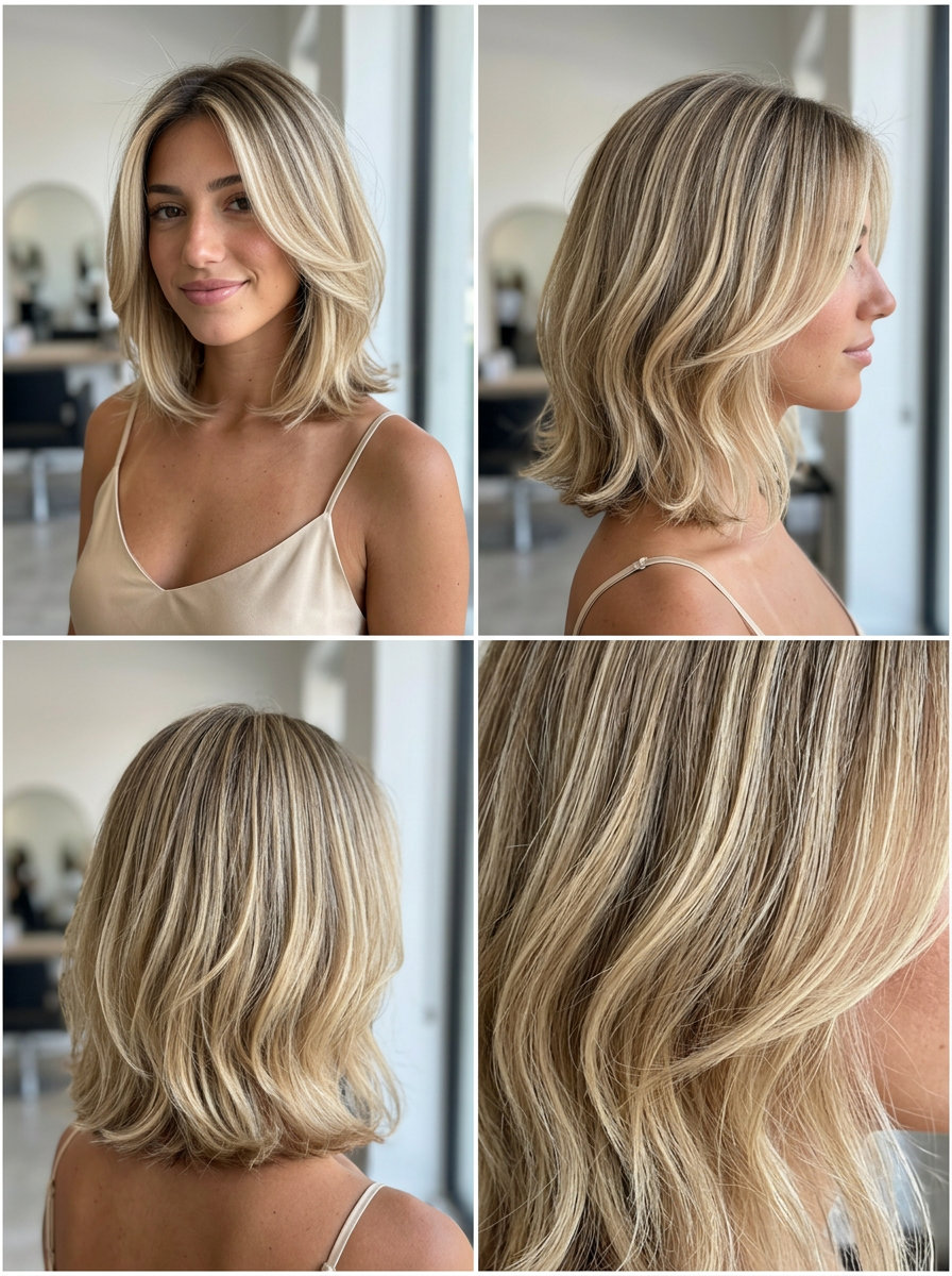 jaw-length layered bob with warm babylights and soft A-line for date night