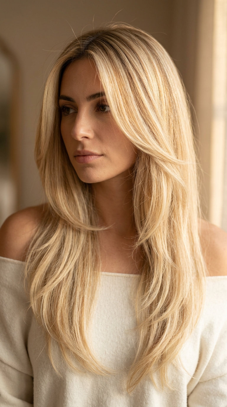 long buttercream blonde haircut with honey babylights and soft face-framing layers for summer