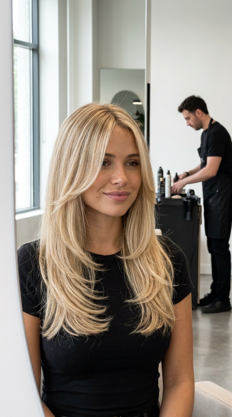 long haircut in warm buttercream blonde with sun-kissed babylights, face-framing pieces for beach day