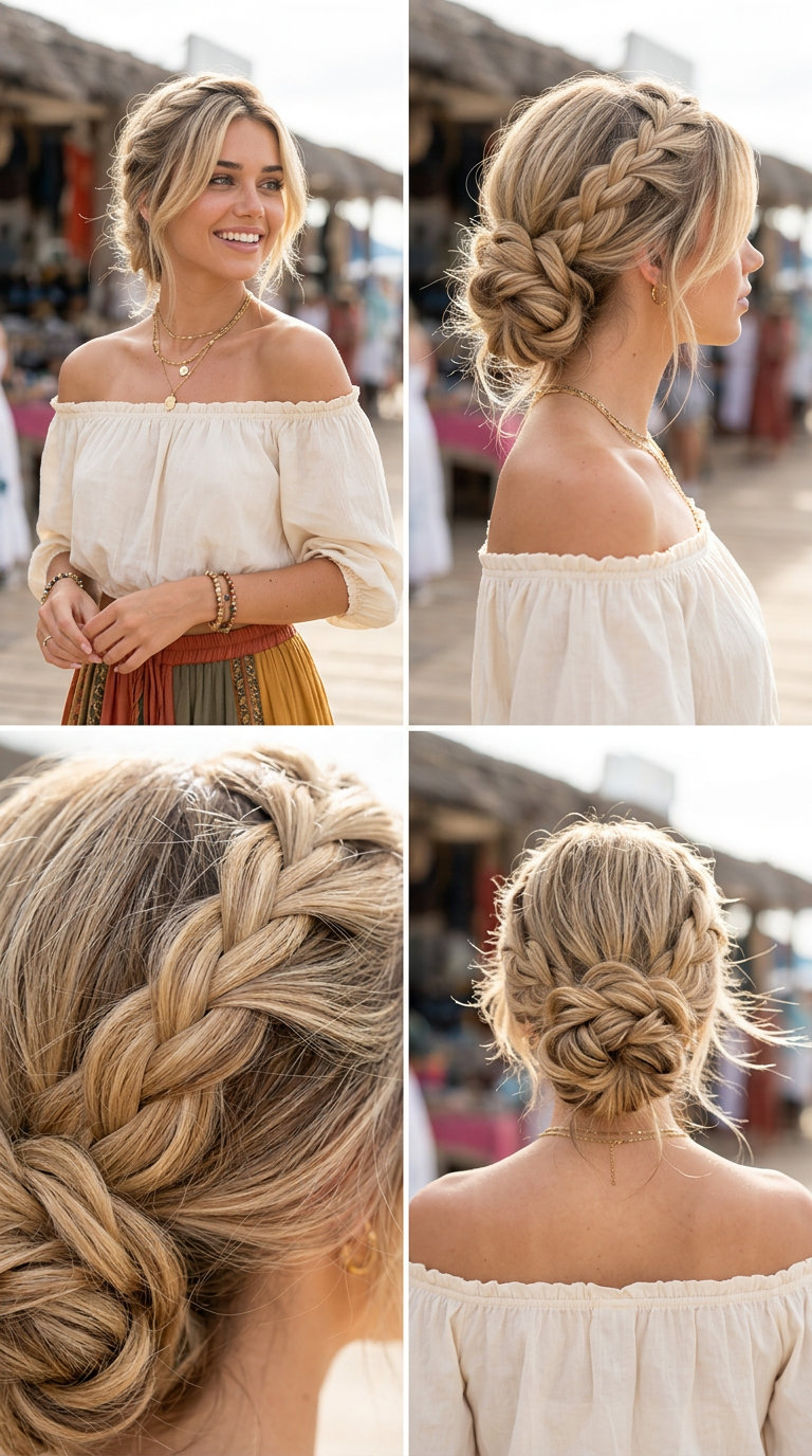 Boho Beach Braid Updo 2026 long layered haircut with buttercream blonde, honey lowlights, side-swept braid updo for beach