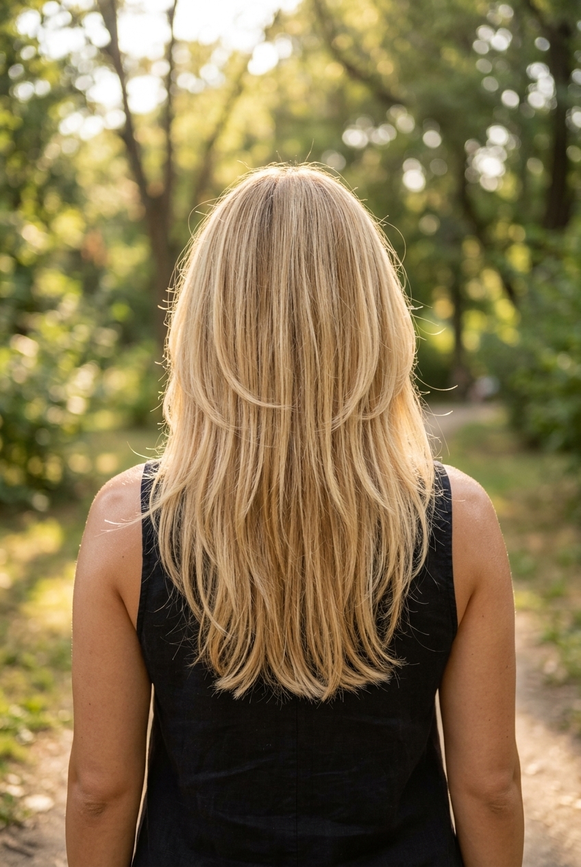 long shag haircut with warm buttercream blonde & golden babylights, wispy curtain bangs — retro bohemian style
