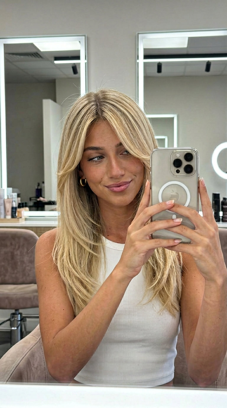 long V-cut layered haircut in buttercream blonde with honey babylights for ethereal looks