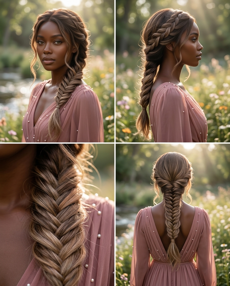 medium buttercream blonde fishtail braid with face-framing tendrils for summer wedding guest 2026