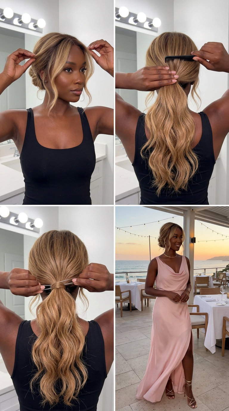Tousled Beach Chignon 2026 medium layered haircut with buttercream blonde, golden babylights, tousled chignon for beach