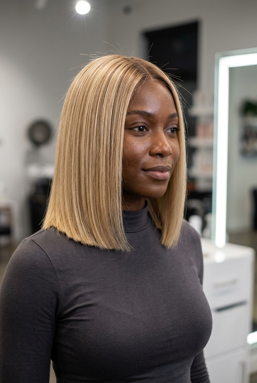 medium blunt lob haircut with buttercream blonde, honey babylights, vanilla root smudge, no bangs — chic professional