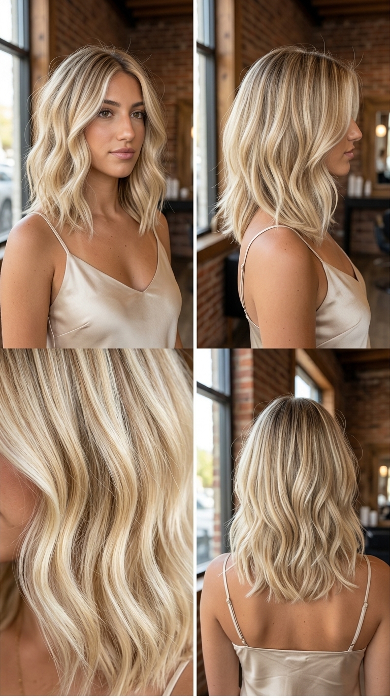 medium wavy lob haircut in creamy buttercream blonde with golden babylights, face-framing layers, romantic mood