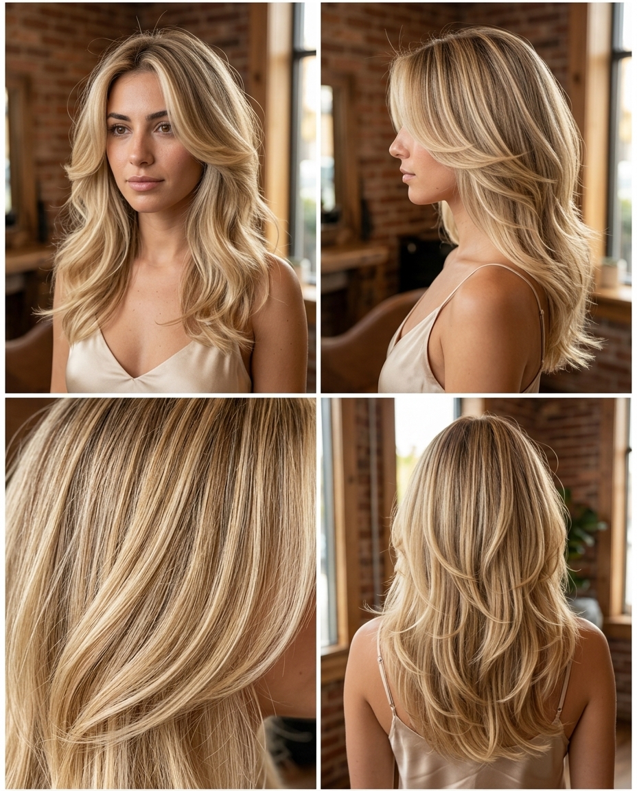 mid-length flowy butterfly haircut in buttercream blonde with golden babylights, face-framing layers, no fringe — romantic voluminous style