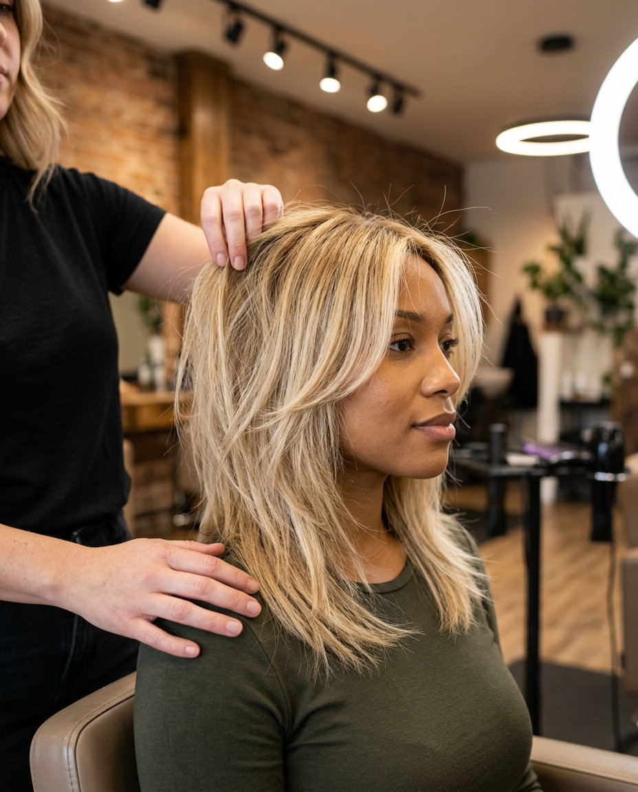 mid-length buttercream blonde haircut with choppy layers and face-framing pieces for casual