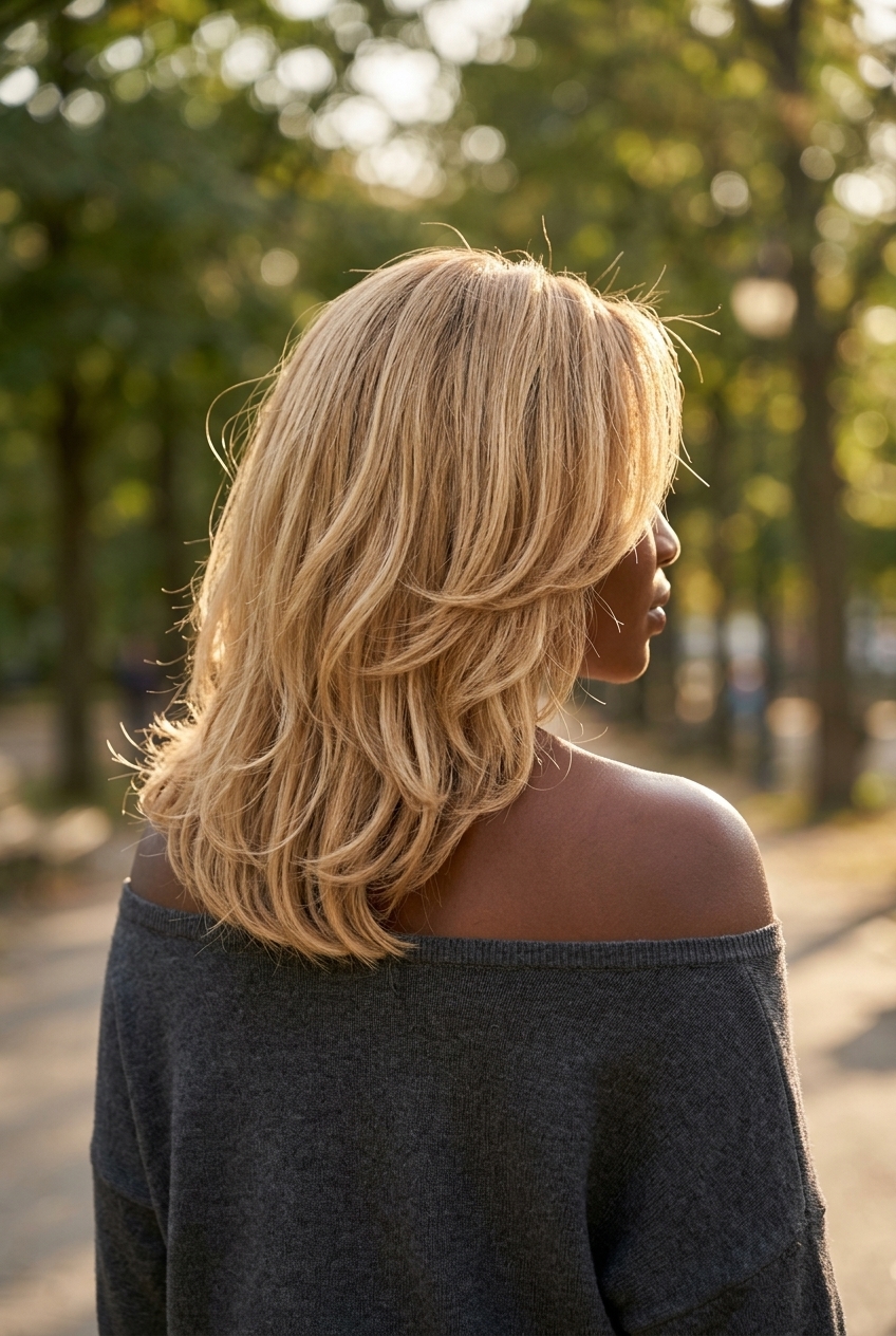 mid-length wavy haircut in buttercream blonde with honey babylights and beige root for summer
