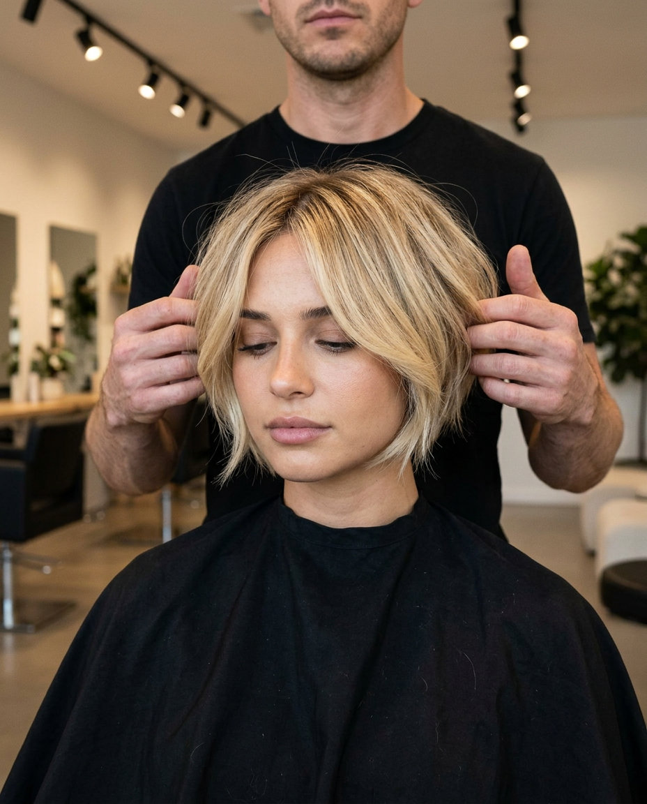 short bixie haircut in buttercream blonde with golden babylights, textured layers and face-framing pieces — playful boho