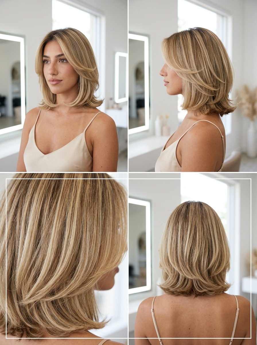short buttercream blonde bob haircut with honey-vanilla tones, face-framing layers, flipped ends — playful glamorous