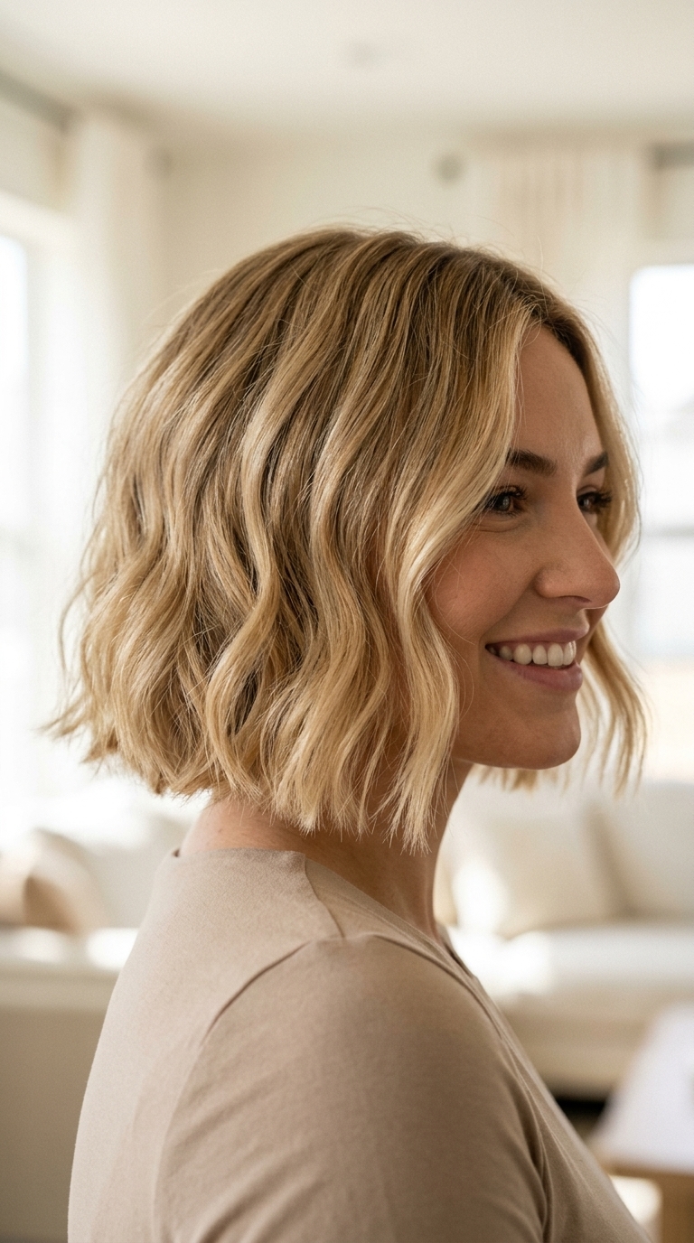short razor bob haircut in buttercream blonde with honey lowlights, vanilla babylights, soft root — effortless radiant waves