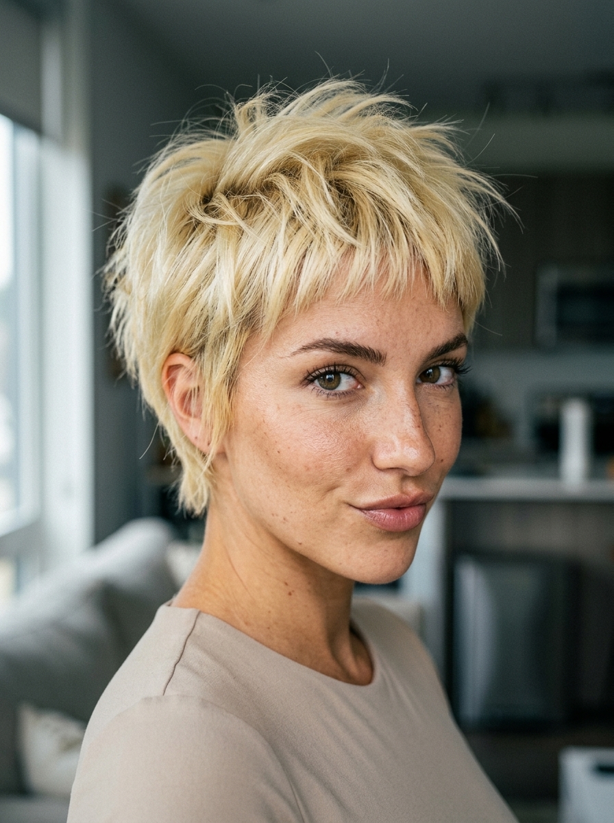 short pixie shag haircut in buttercream blonde with root smudge, heavily layered, wispy micro-fringe — edgy festival style